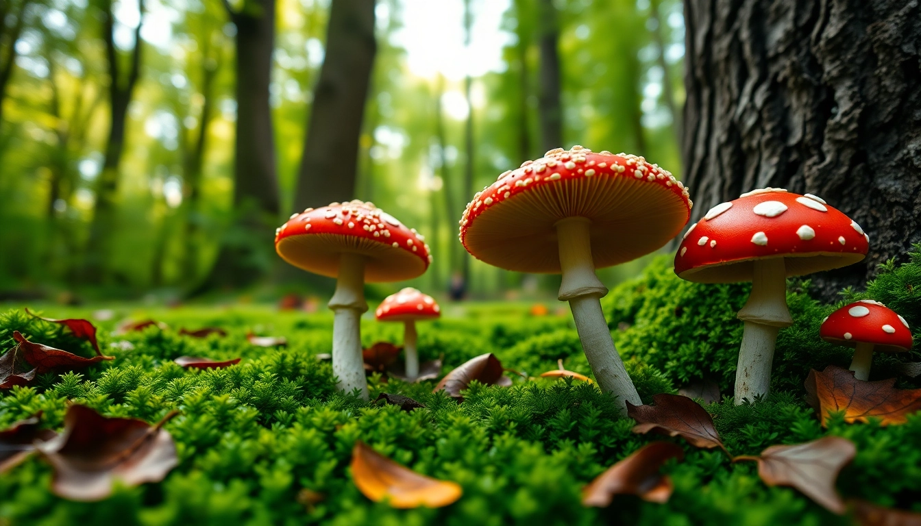 Besonders schöne Amanita muscaria kaufen inmitten von grüner Waldlandschaft mit weichen Lichtakzenten.