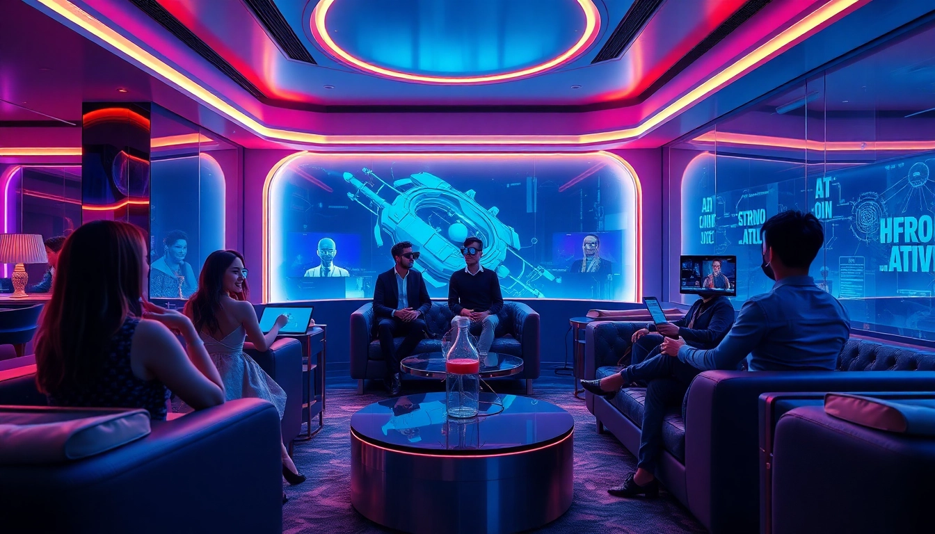 Futuristic AI lounge for 18+ users, showcasing modern tech and vibrant ambiance.