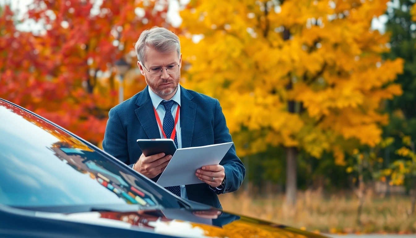 Kfz Gutachter Augsburg prüft ein Fahrzeug in einer herbstlichen Umgebung