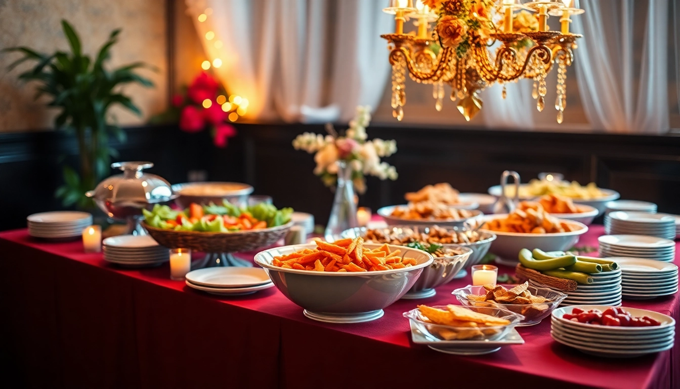 Ein Buffet mit Auswahl an Speisen vom Partyservice, festlich angeordnet mit frischen Zutaten, für Feierlichkeiten.
