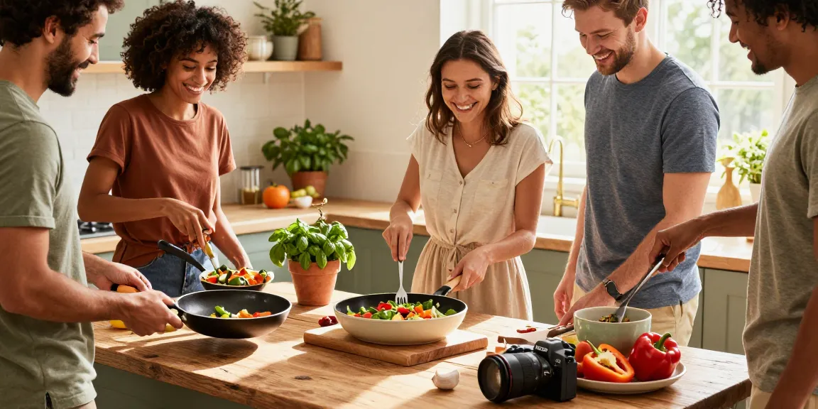 Freunde kochen gesundes Essen mit einer PTFE-freien Pfanne in einer einladenden Küche.