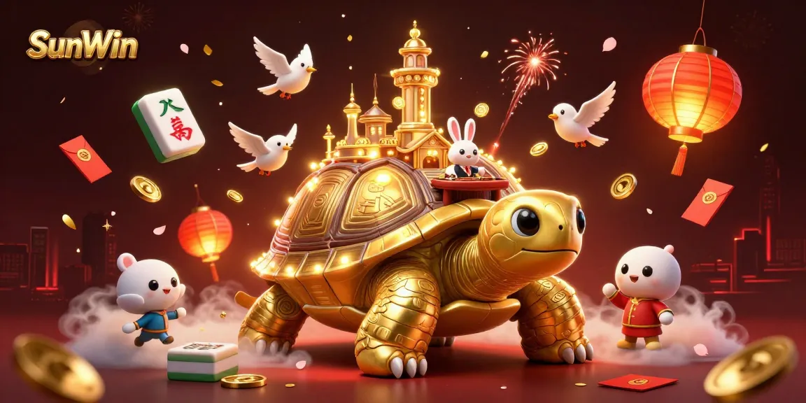 Experience the excitement at SunWin with a golden tortoise casino scene featuring dynamic dealers and flying coins.