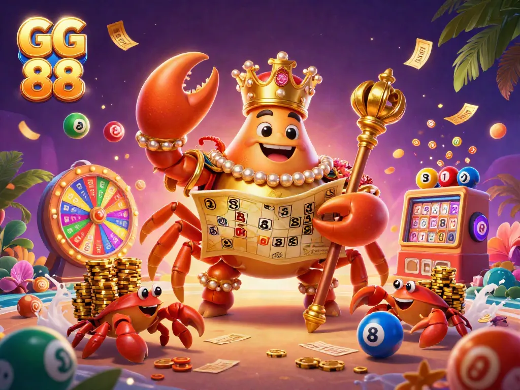 Engage with GG 88’s vibrant lottery scene featuring a regal crab emperor amidst colorful gaming elements.