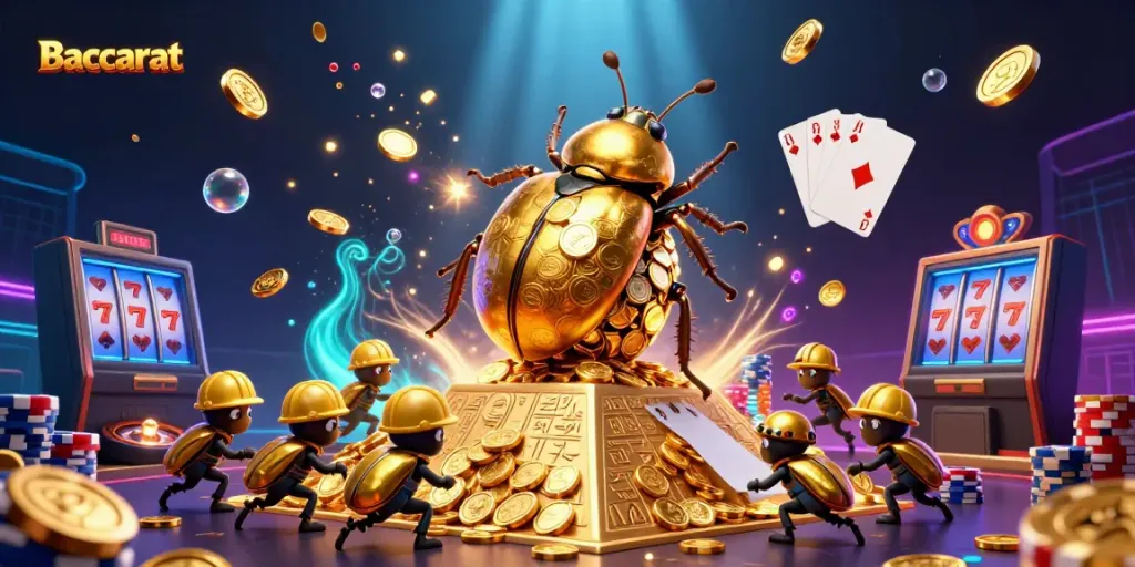 Baccarat game scene featuring a golden beetle and casino symbols creating a vibrant gambling atmosphere.