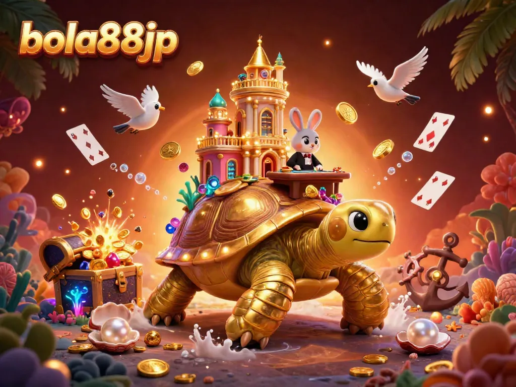 Engage in thrilling gameplay at bola88jp with a dazzling casino scene featuring a tortoise and rabbit dealer.