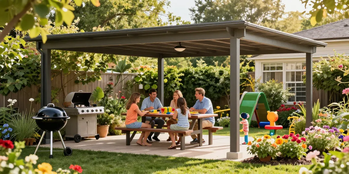 Familie unter einer freistehenden Terrassenüberdachung genießt das Essen im Garten.