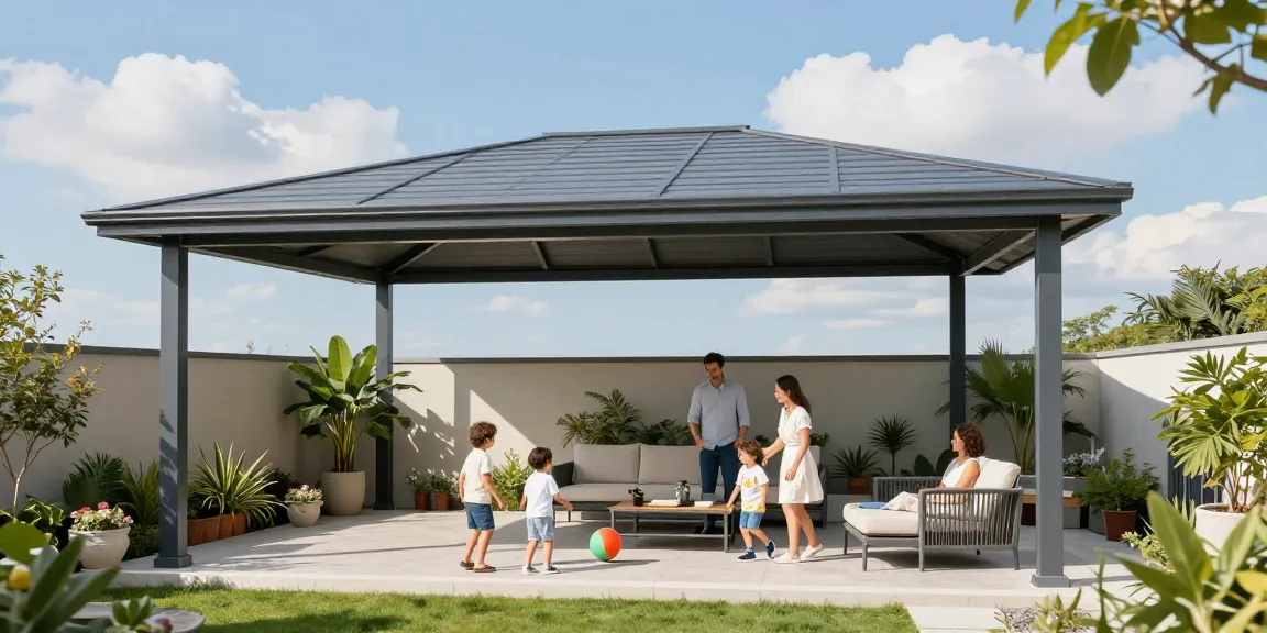 Moderne Terrassenüberdachung mit Familie im Garten an sonnigem Tag erleben.