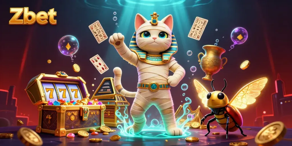 Zbet showcases a vibrant 3D casino scene with a mummy cat, showcasing winning slots, and dynamic game elements.