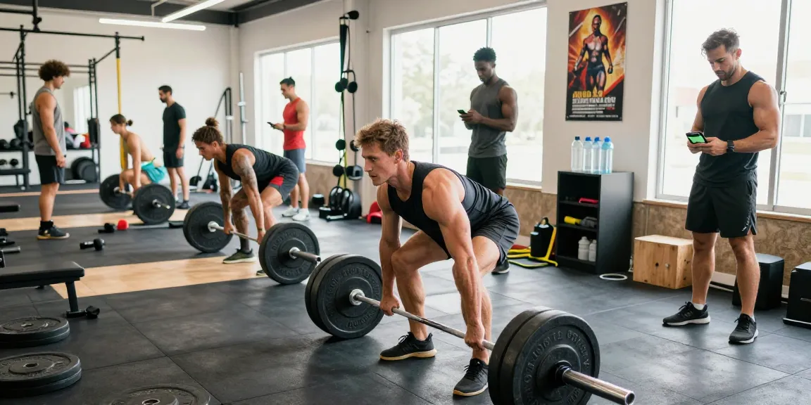 Dynamic gym environment at an Anabolika Shop, showcasing bodybuilders lifting weights and tracking workouts.