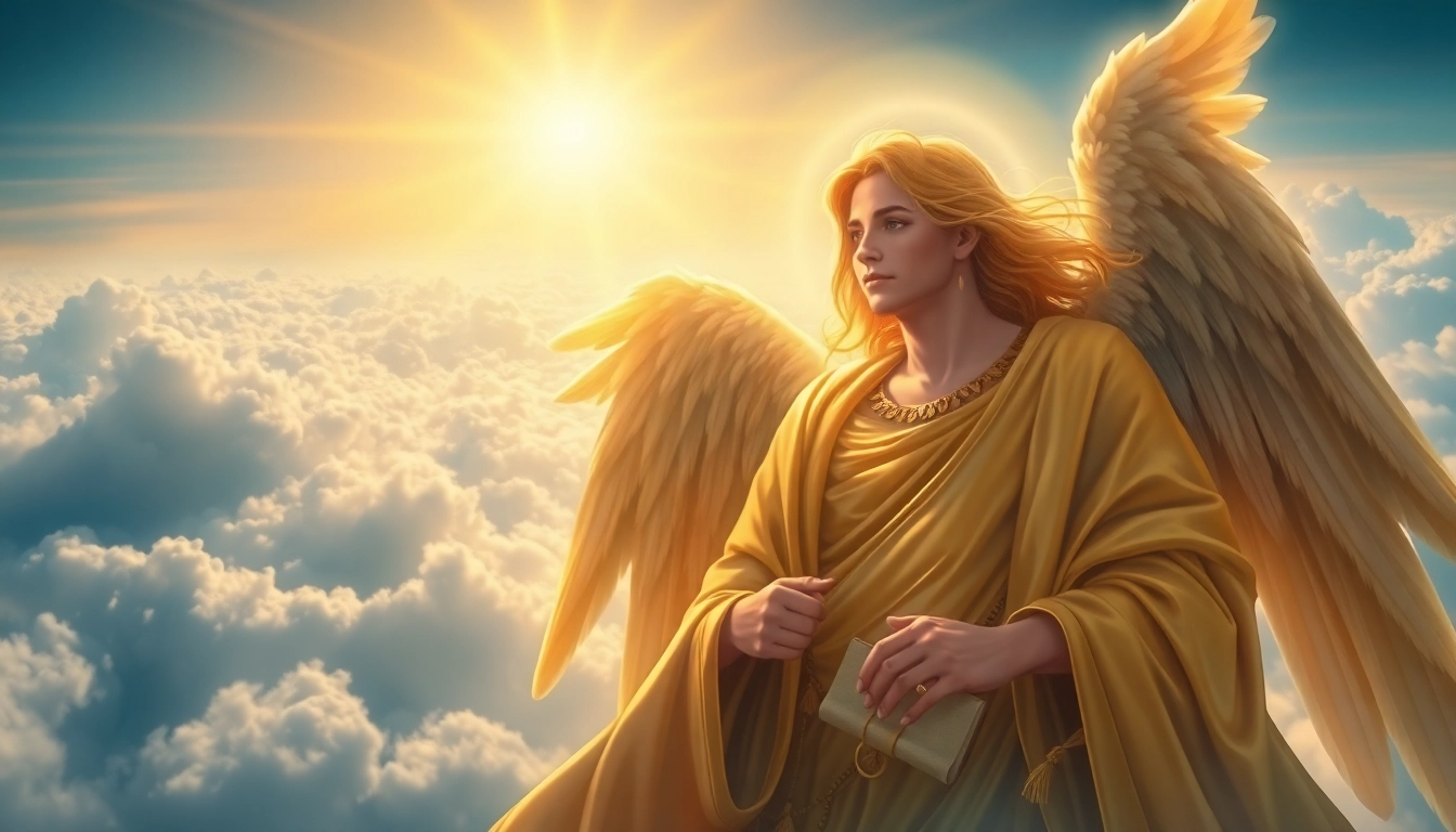 Erzengel Uriel, der Engel des Lichts, steht in einer himmlischen Landschaft und strahlt Weisheit aus.