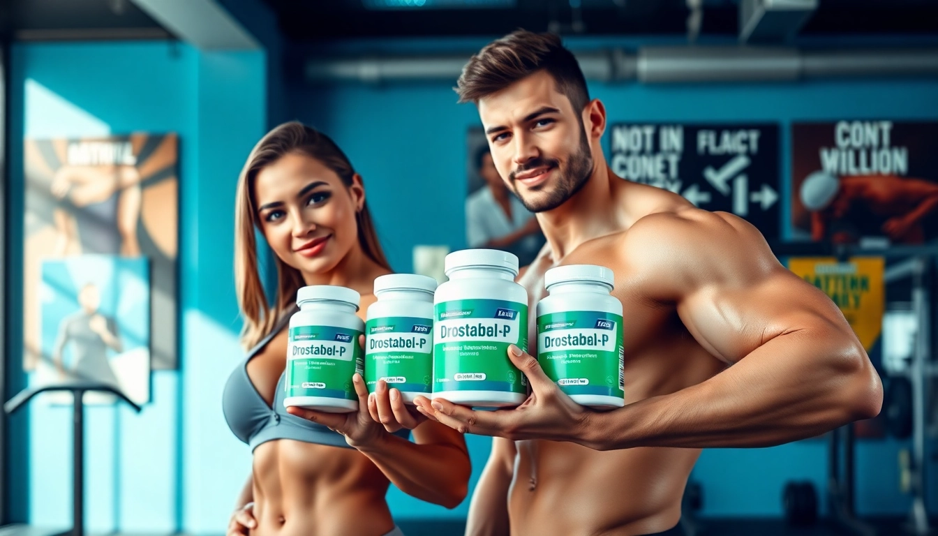 Drostabal-P Masteron Propionate supplements showcased by athletic couple in gym.