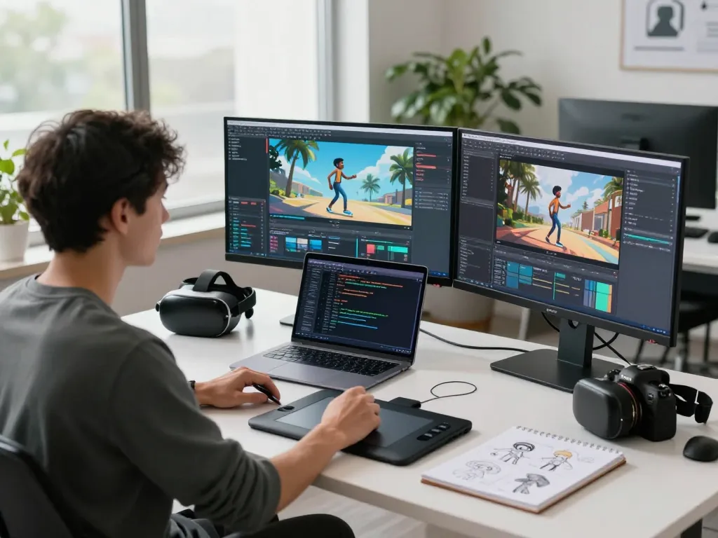 AI motion control ai workspace with video technician animating characters using advanced technology.