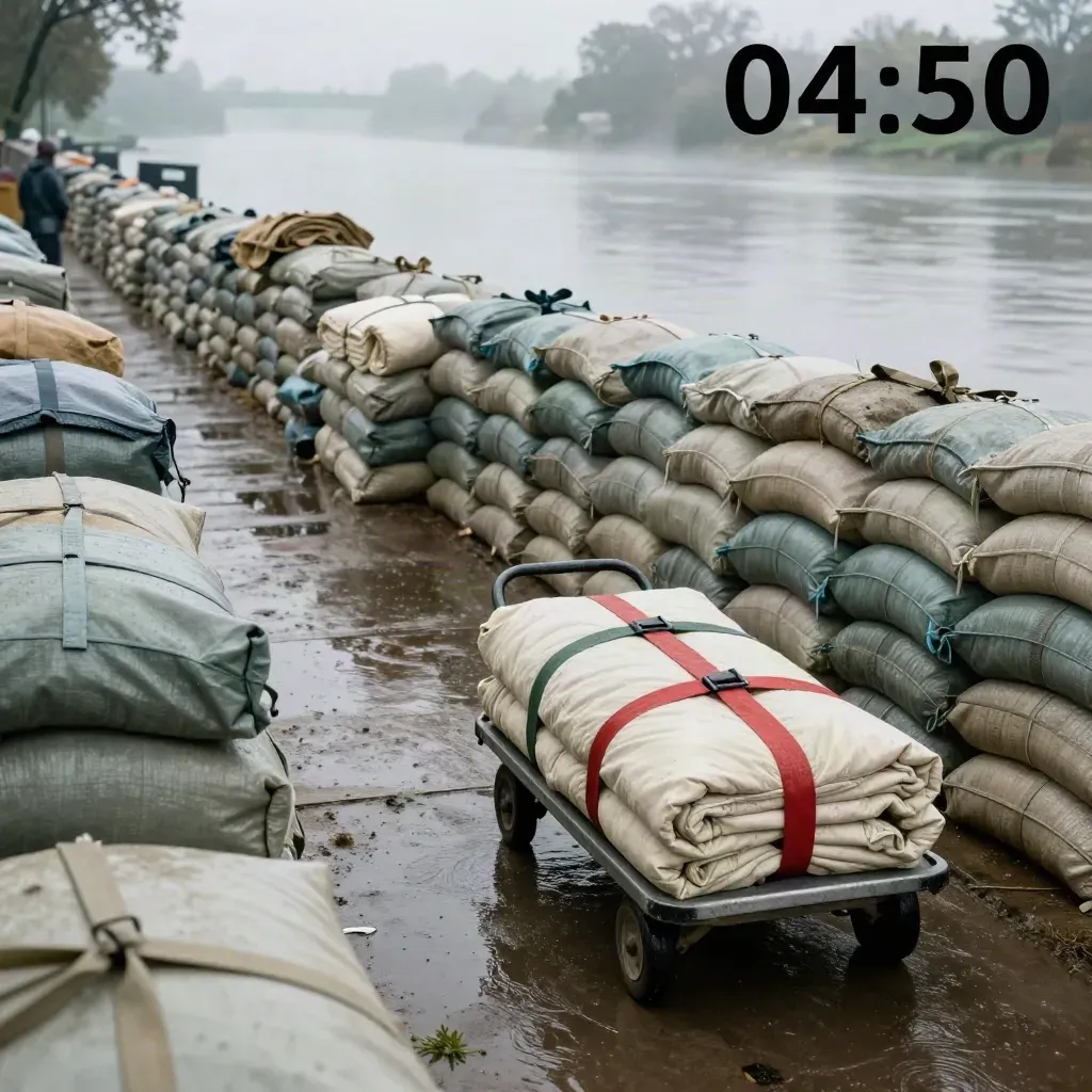 Sandbags und Hilfsgüter am regennassen Kai im Morgennebel.