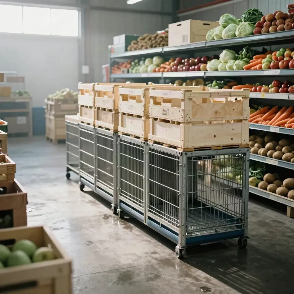 Lagergang der Tafel mit Obstkisten, Rollcontainern und Stahlregalen im kalten Morgenlicht.