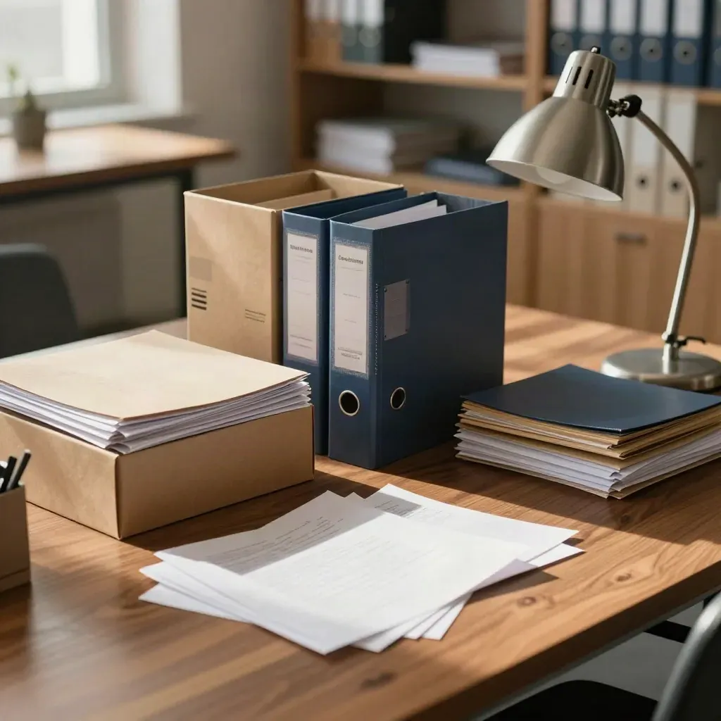 Kölner Nonprofit-Büro mit Archivboxen, Ordnern und Lampe vor unscharfen Regalen