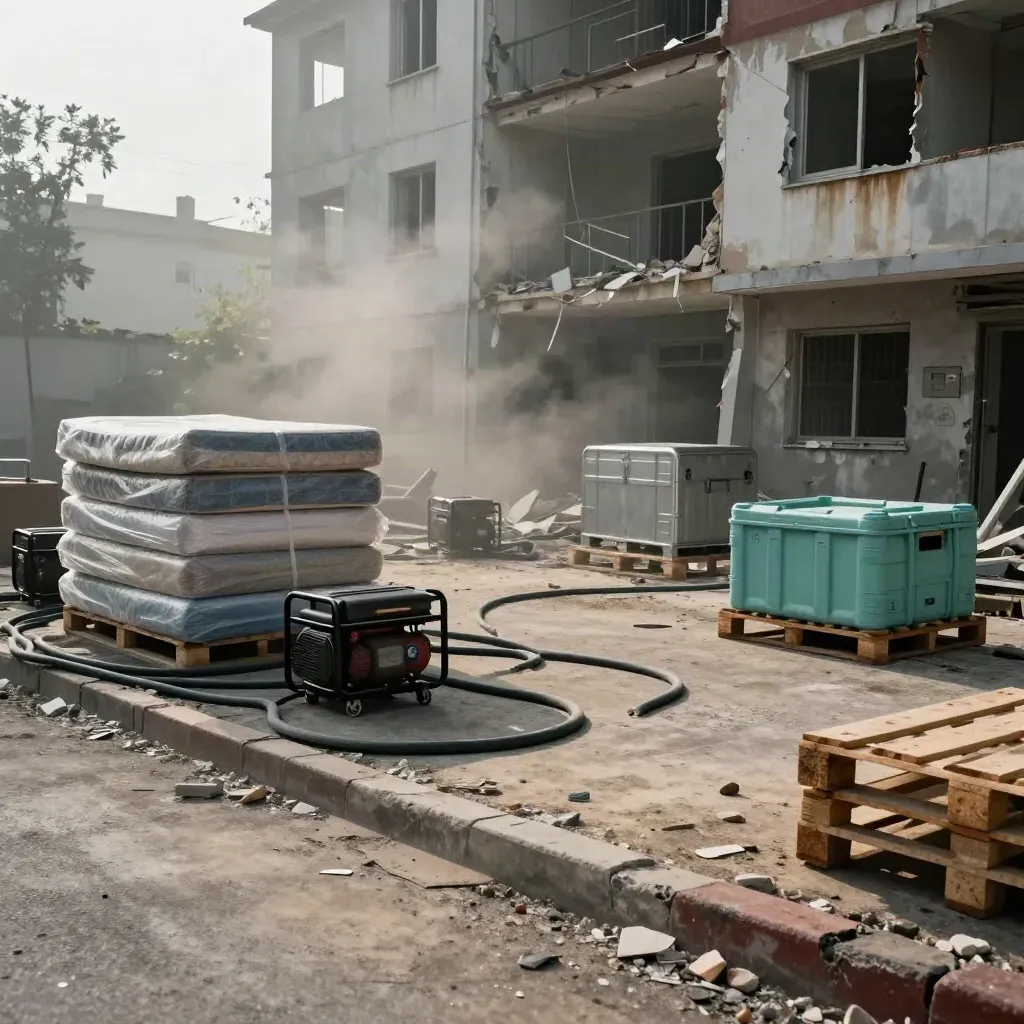 Hilfshub im Hof eines beschädigten Wohnblocks mit Matratzen, Kabeln und Kisten im Morgennebel