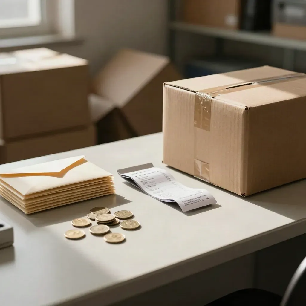 Coins, Umschläge und Versandkartons in einem gedämpften Charity-Arbeitsbereich