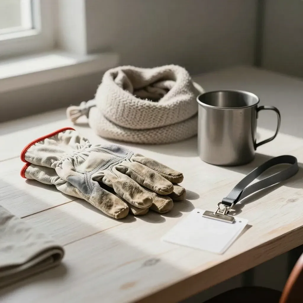 Arbeitshandschuhe, Schal, Metallbecher und Lanyard auf hellem Holz für Freiwillige.