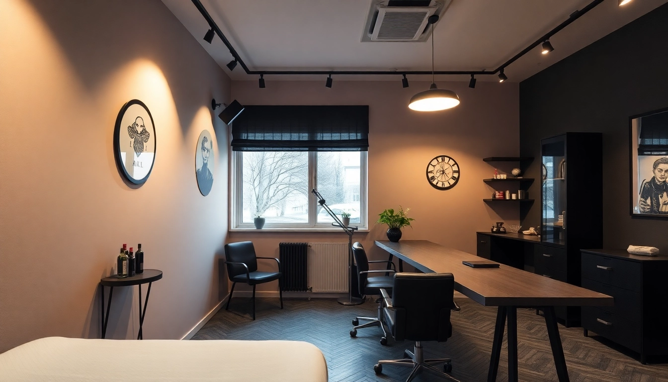 Professionelle Tätowierungen im Tattoo Studio München, stilvolle Einrichtung mit Künstler bei der Arbeit.