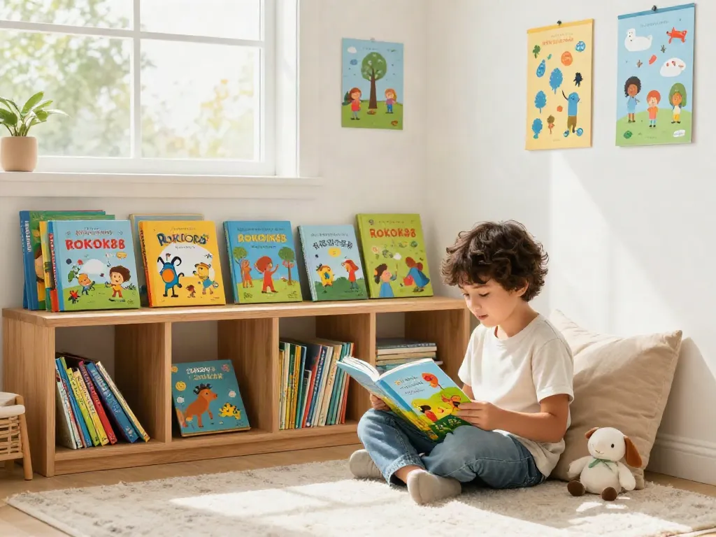 Child reading colorful ROKOK88 storybook in a cozy reading nook