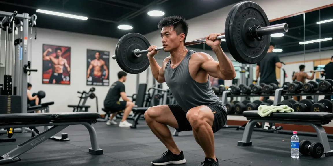 Kraftsportler im Steroidshop-Fitnessstudio, der Kniebeugen macht und Stärke sowie Hingabe demonstriert.
