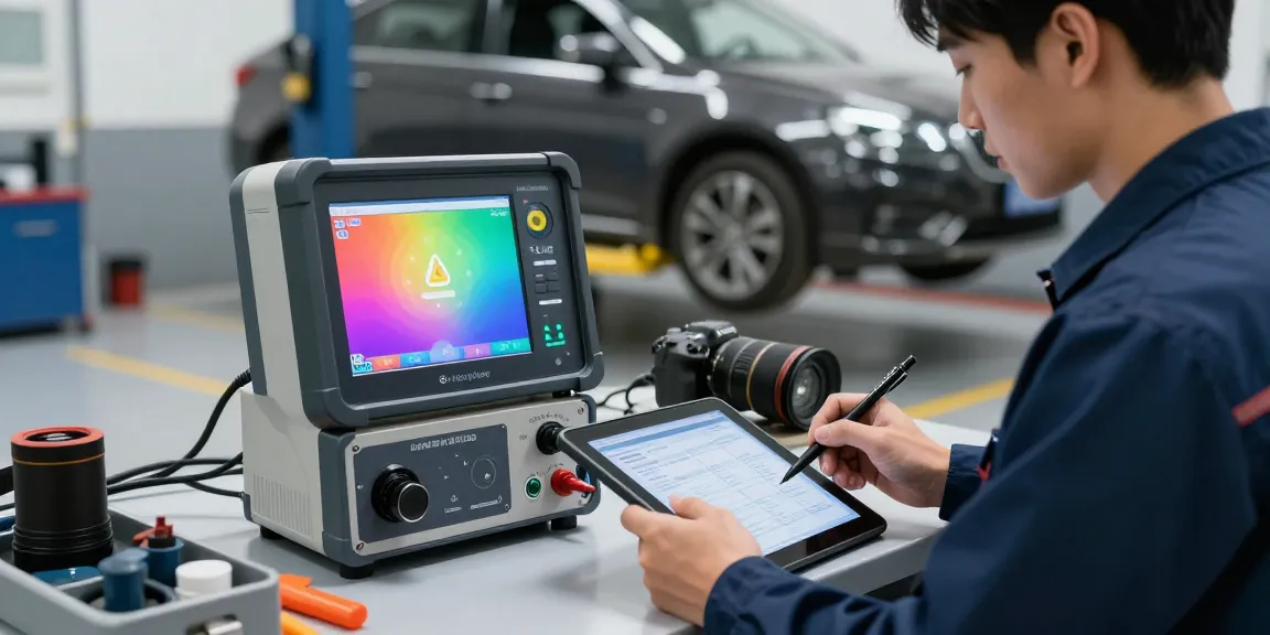 Ein 5-Gas-Analysator in einer modernen Kfz-Werkstatt, der von einem Techniker zur Abgasdiagnose verwendet wird.
