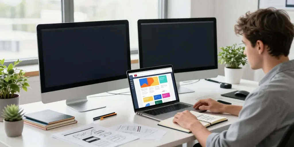 Webdesign Saarland - Kreative Arbeitsumgebung eines Webdesigners mit Laptop, Notizen und Bildschirm