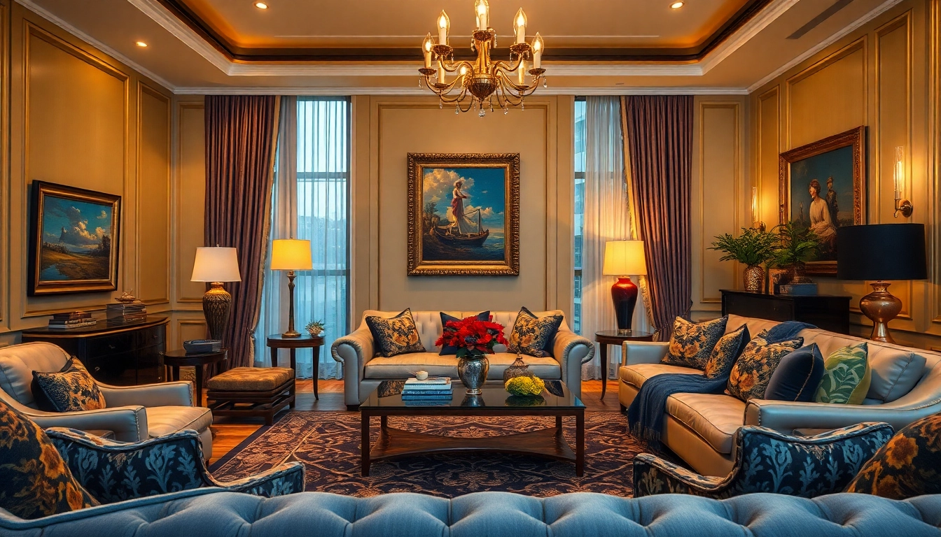 Luxury living room with elegant decor and plush textiles inviting relaxation and comfort.
