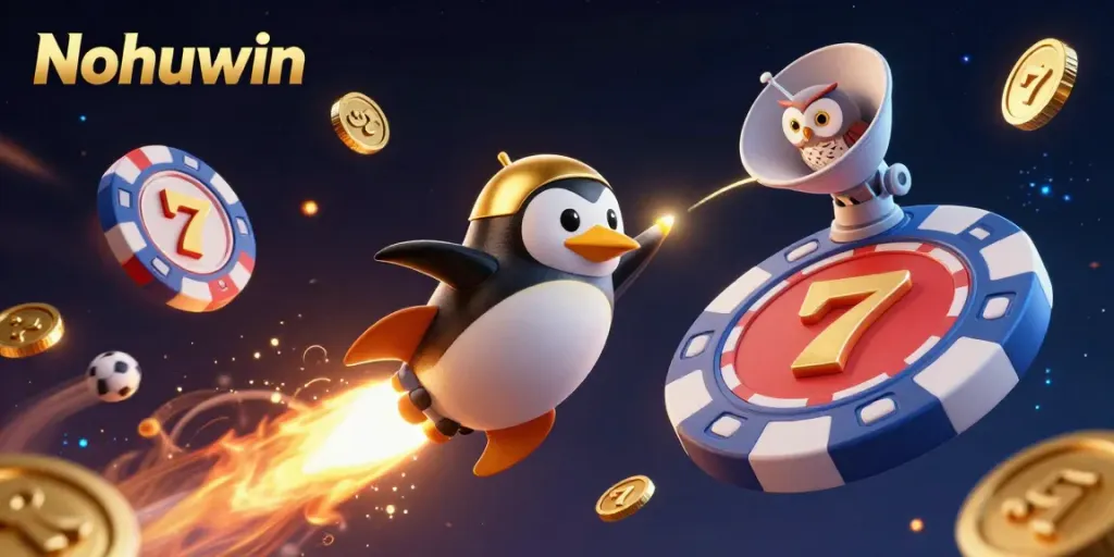 Nohuwin slot experience with a cartoon rocket-powered golden penguin and dynamic casino-themed elements.