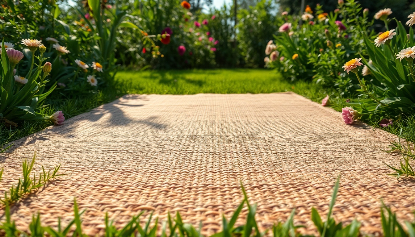 Erleben Sie die nachhaltige Hanfmatte in einem blühenden Garten mit lebendigen Blumen und grünem Gras.