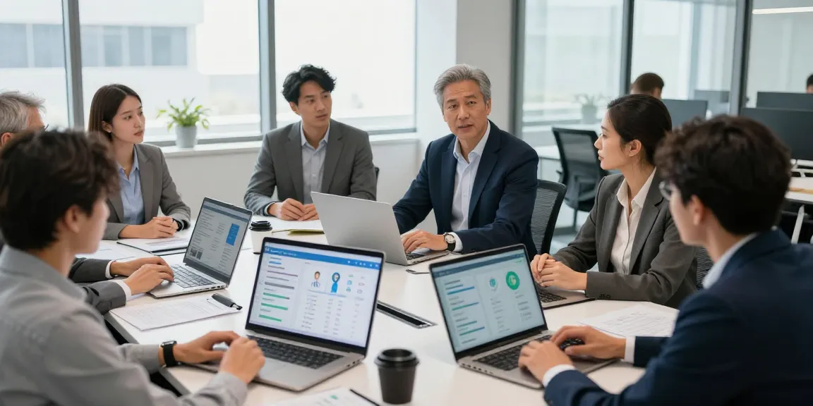 Führungsverhalten bewerten in einem modernen Büro, Kollege gibt Feedback in einem Teammeeting.