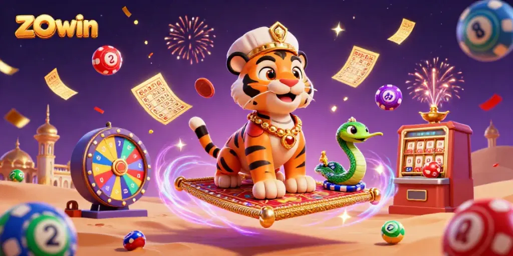 Experience the excitement of zo win with a vibrant 3D casino scene showcasing games and prizes in an Arabian Nights theme.