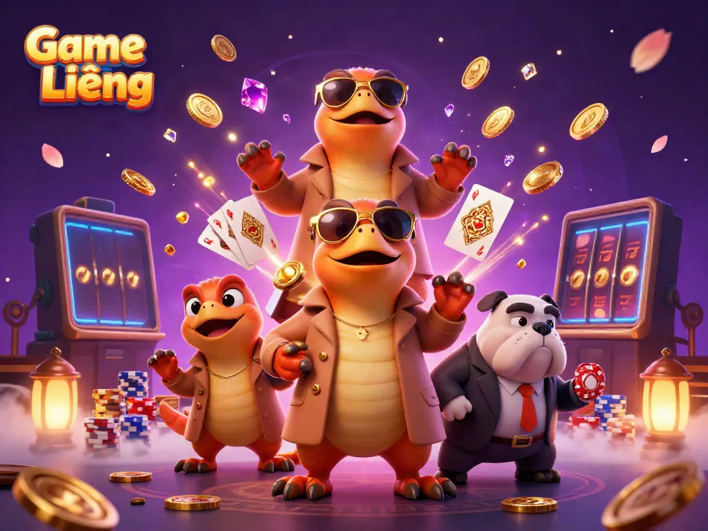 Experience thrilling gameplay with Game Bài Liêng, featuring raptors in a trench coat at a casino.