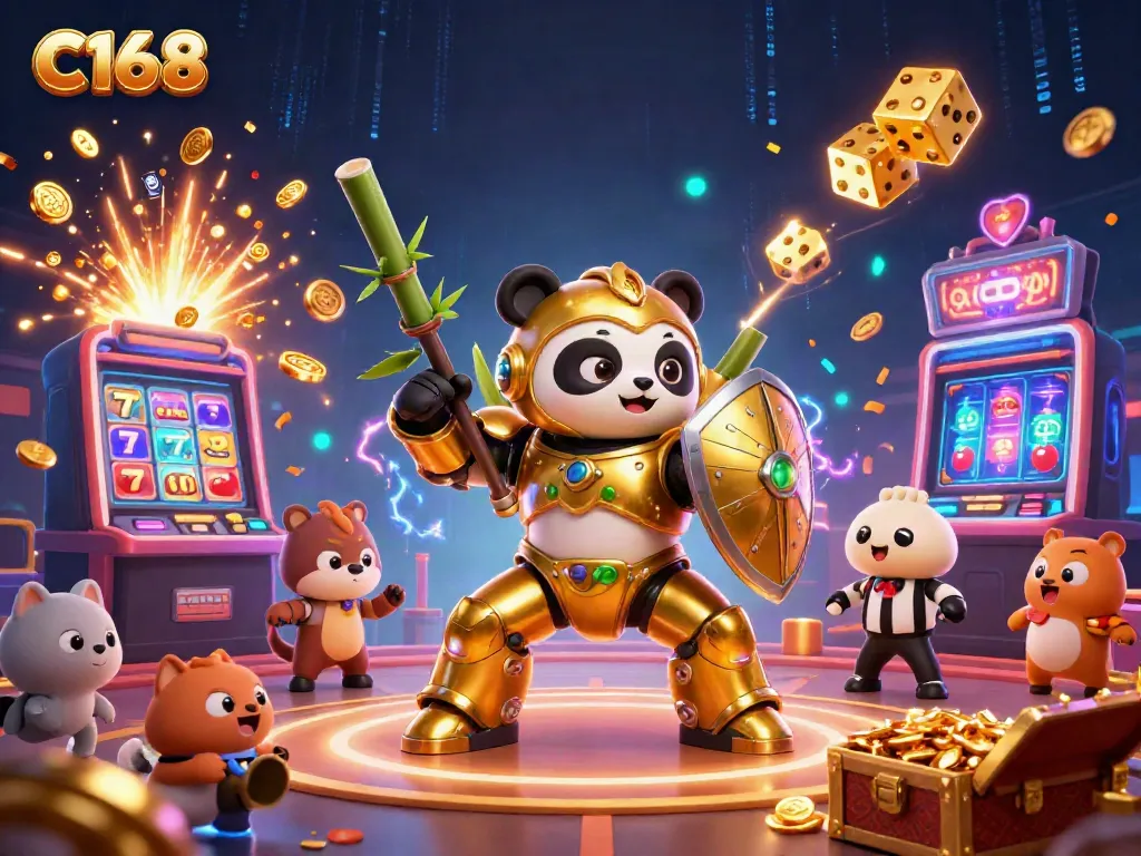 Experience the excitement of C168 as golden panda pilots a battling robot amidst a vibrant jackpot scene.