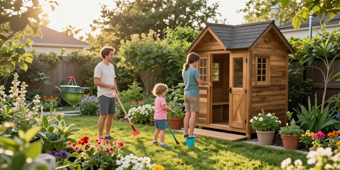 Familie genießt Zeit im Garten beim Gartenhaus kaufen, umgeben von Blumen und geselligem Ambiente.