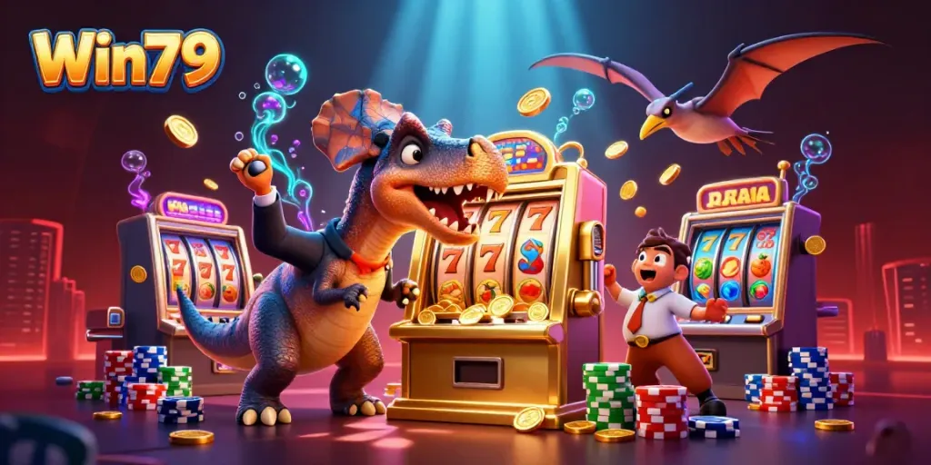 Win79 slot machine illustration with colorful characters and dynamic casino action