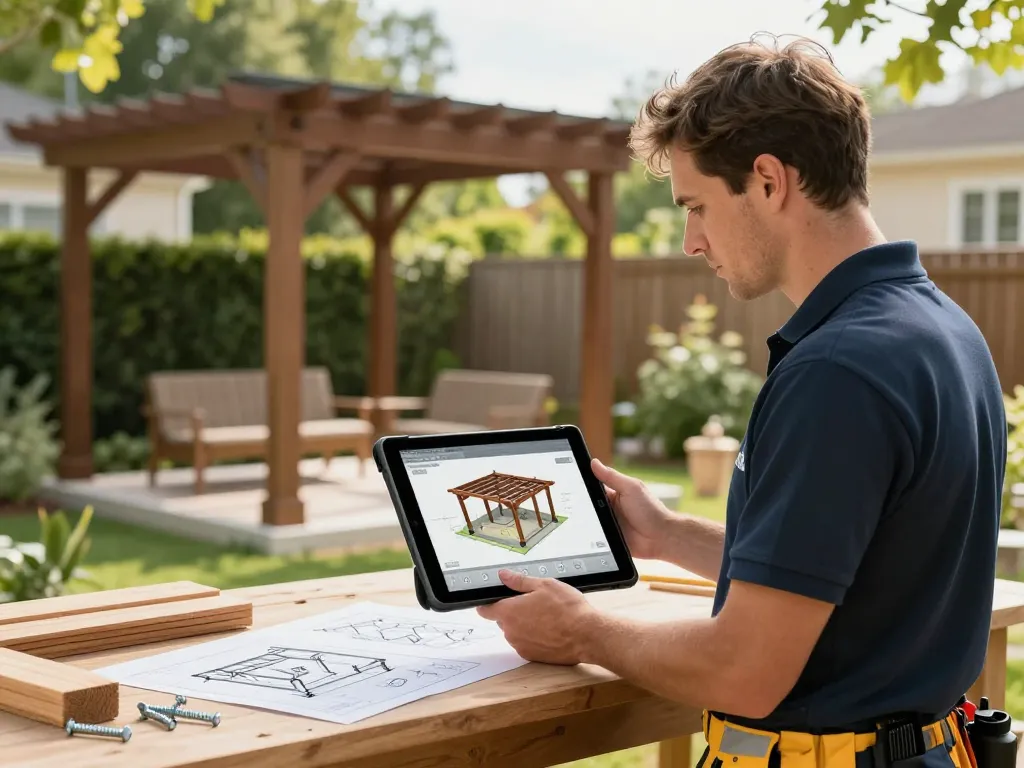 Software für Pergola-Installateure, die auf einem Tablet von einem Installateur angezeigt wird, der eine maßgeschneiderte Pergola entwirft.