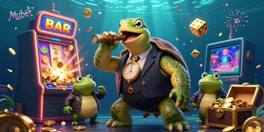 Mubet casino scene with a mobster turtle, bullfrog enforcers, exploding slot machine, and golden coins.