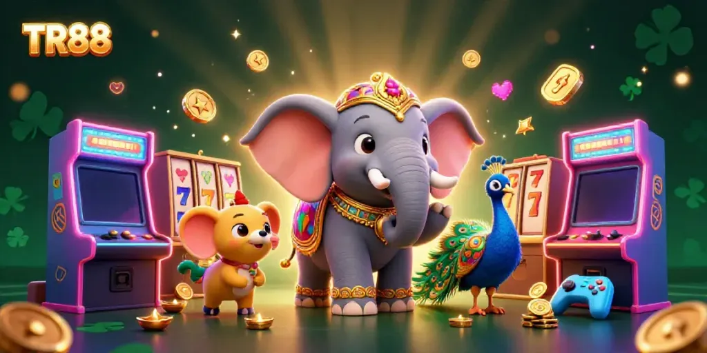 Engage with TR88 as a vibrant elephant and peacock illuminate a slot-themed casino scene.