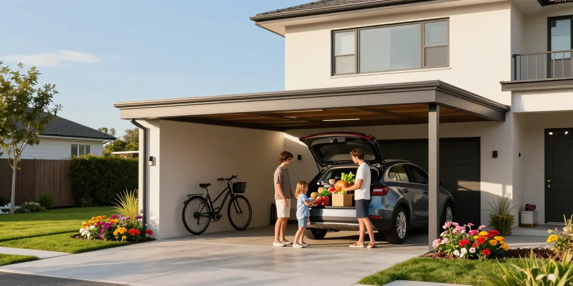 Bequemer Carport schützt das Auto einer Familie vor Sonne und Regen.