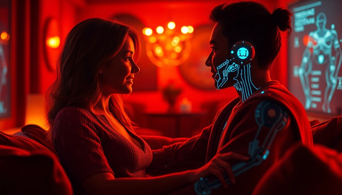 Engaging scene illustrating a user interacting with a lifelike AI character in a warm, intimate setting representing porn ai chat.