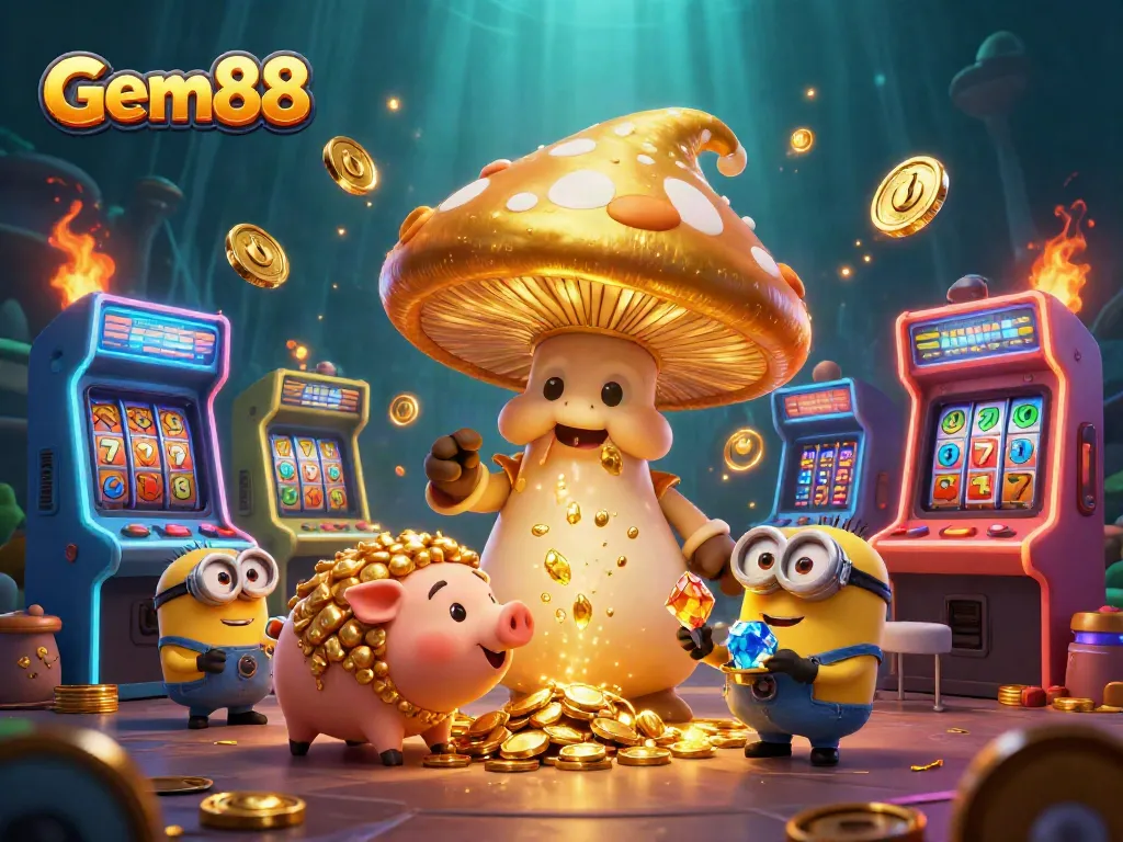 Engage with Gem88's magical world featuring a golden mushroom wizard, treasure-hunting companions, and vibrant casino elements.