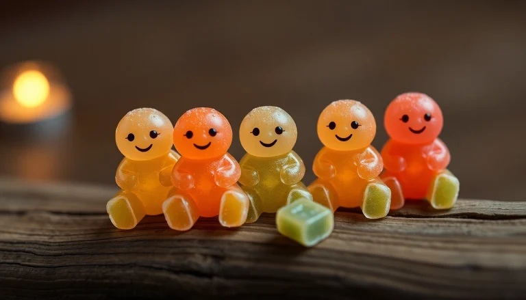 Handvoll THC gummy Bärchen in verschiedenen Farben, ideal für Genuss oder Entspannung.