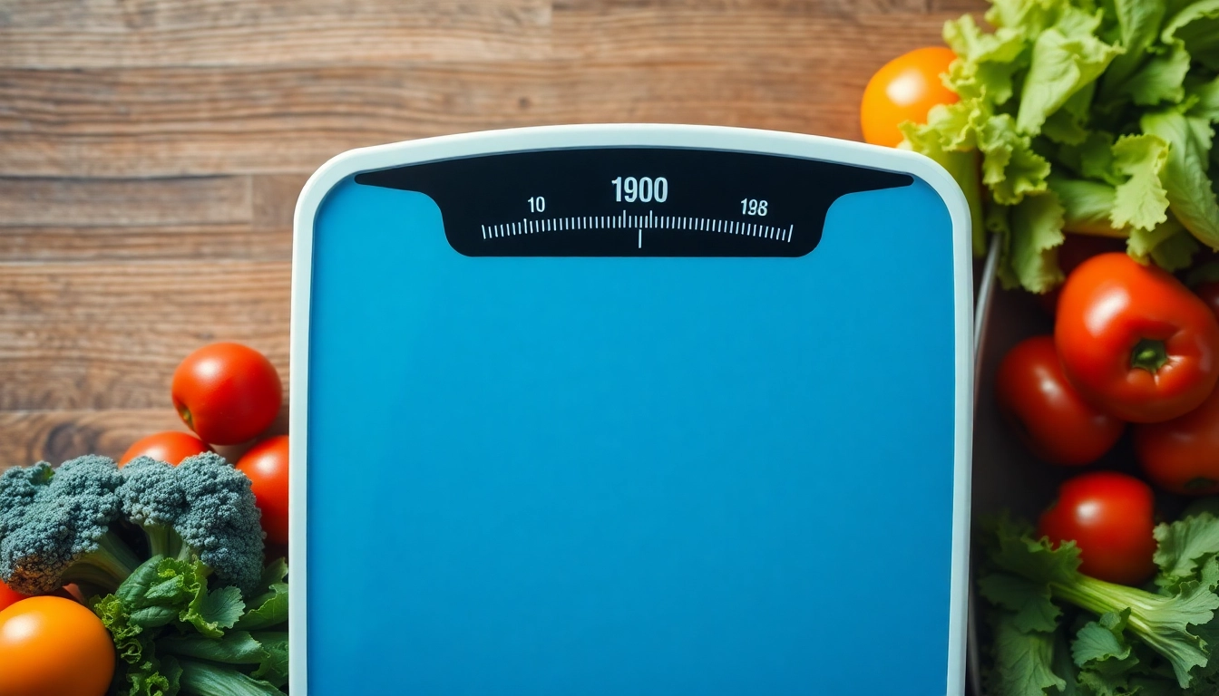 Gewichtsverlust sichtbar gemacht: Digitale Waage zeigt Abnahme und gesunde Ernährung mit frischem Obst im Hintergrund.