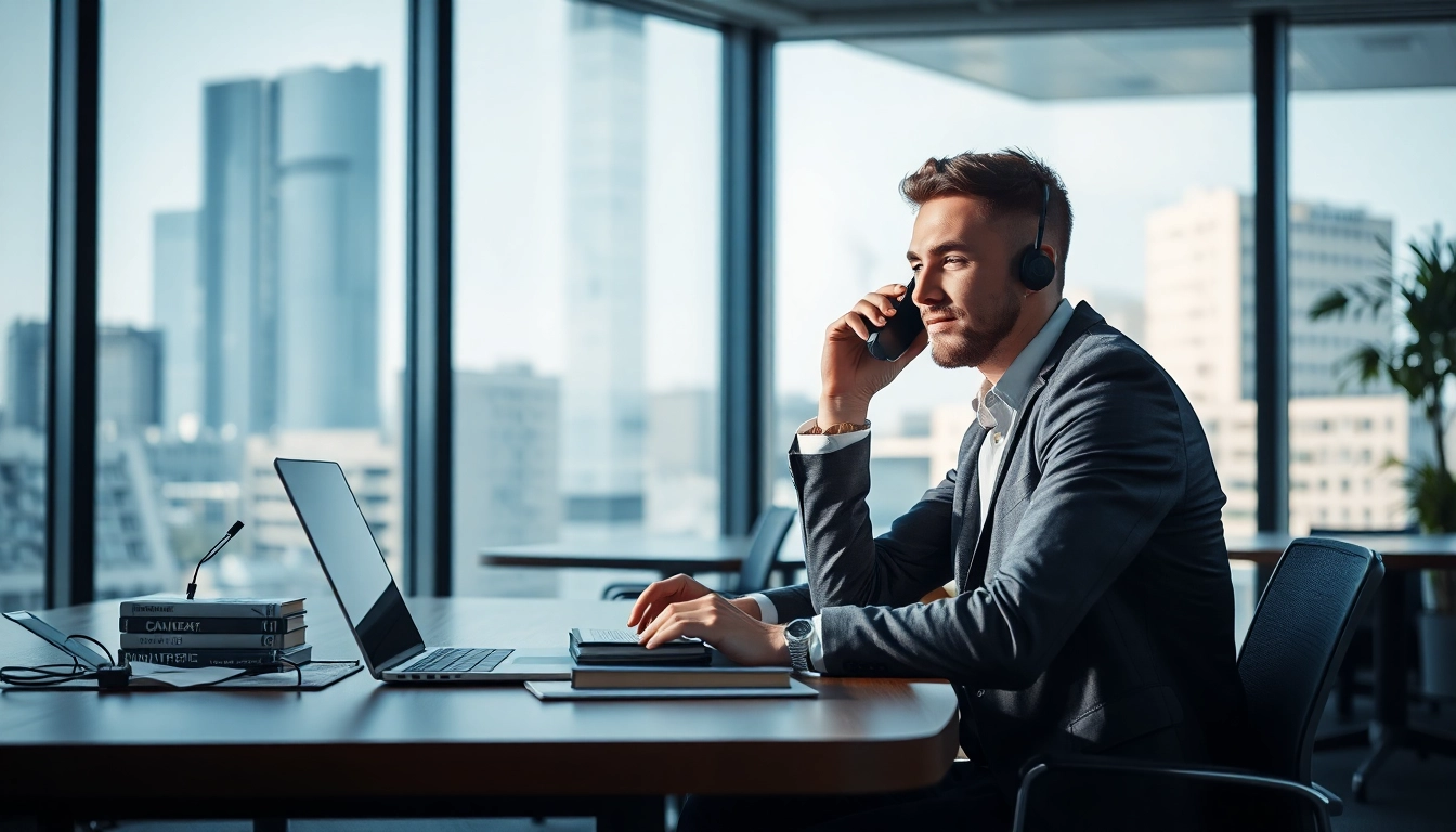 Headhunter Berlin bei einem geschäftlichen Telefonat in einem modernen Büro mit kreativem Ambiente.