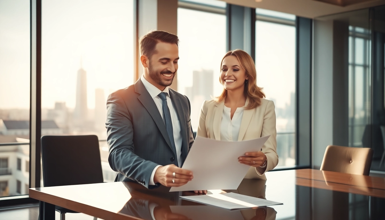 Ein Headhunter Geschäftsführer berät in einem modernen Büro. Die Szene zeigt einen professionellen Austausch über wichtige geschäftliche Dokumente.