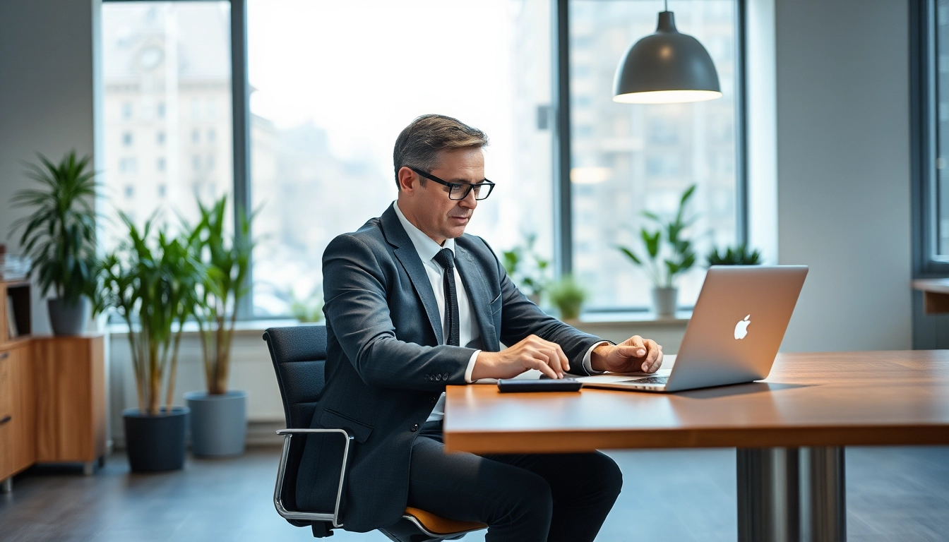 Headhunter Saarbrücken beim Arbeiten am Schreibtisch, umgeben von modernem Bürodesign.