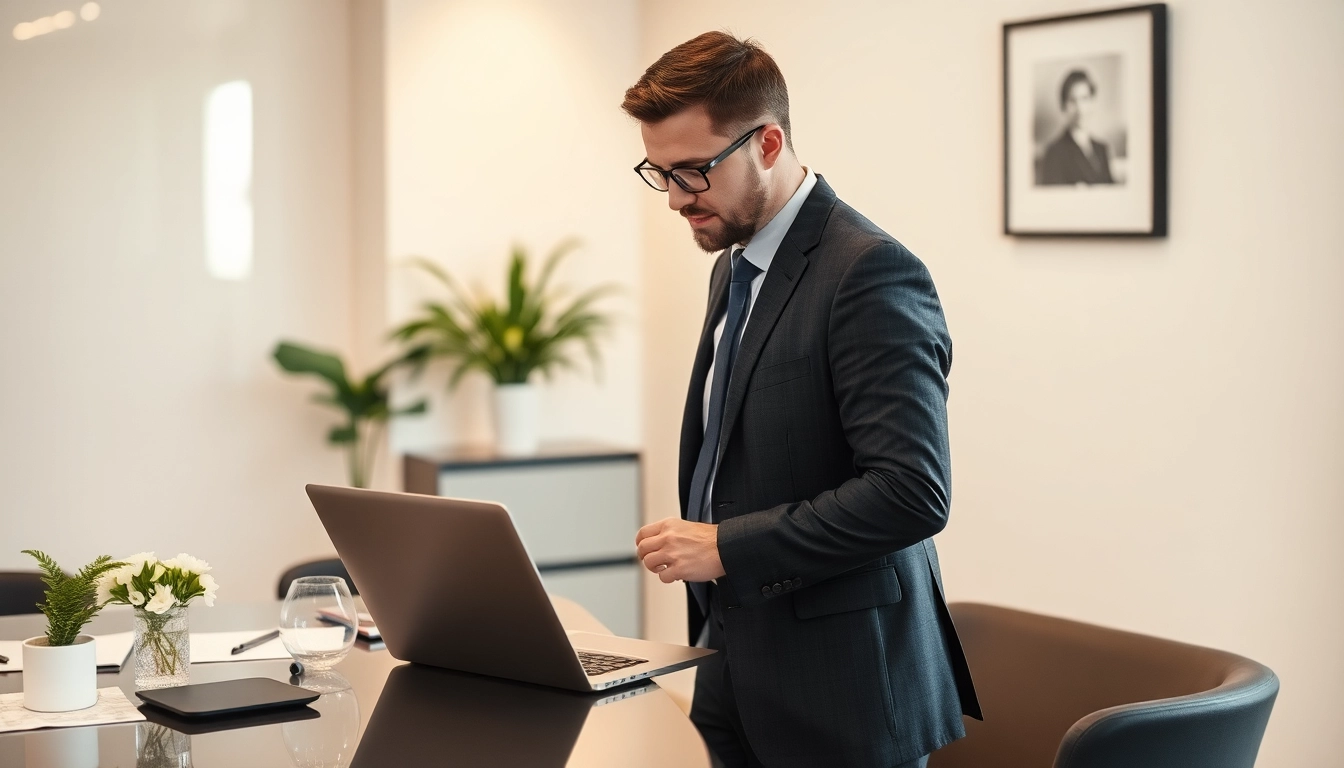 Headhunter Saarbrücken in einem modernen Büro, engagiert im Gespräch mit einem Klienten, Vertrauen und Professionalität ausstrahlend.