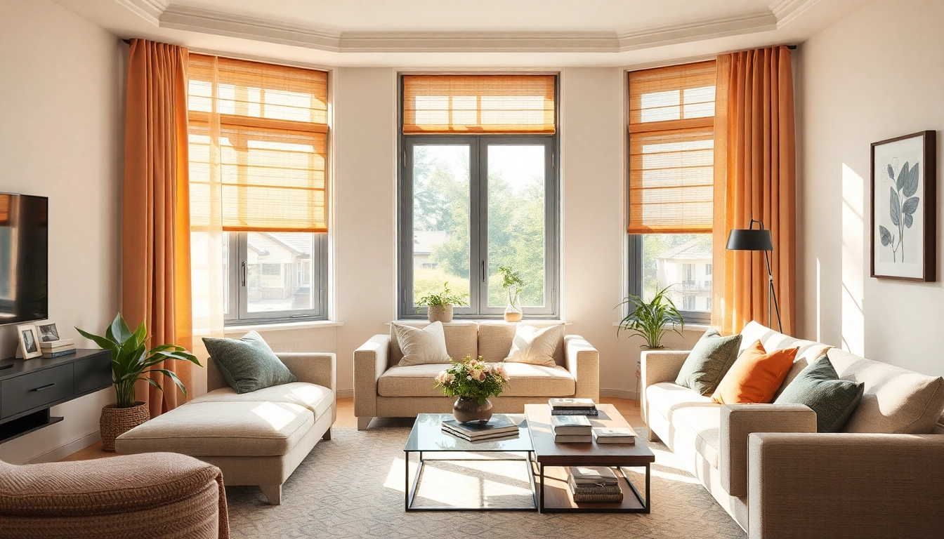 Entdecken Sie Plissee Maßanfertigung in einem eleganten und modernen Wohnzimmer mit warmen Farbtönen und harmonischer Fensterdekoration.