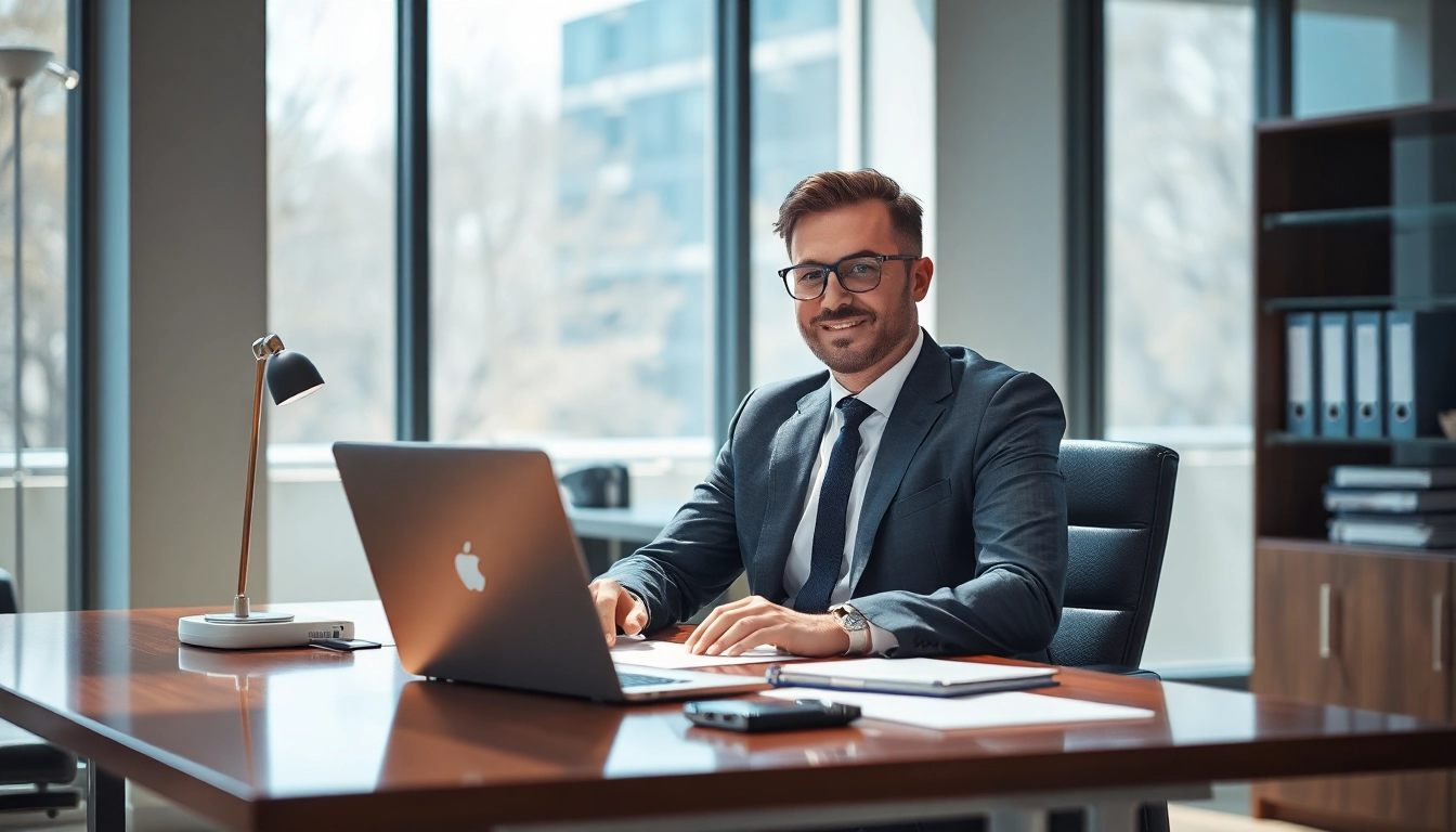 Headhunter Oberhausen bei der Arbeit in einem modernen Büro mit Laptop und Unterlagen.